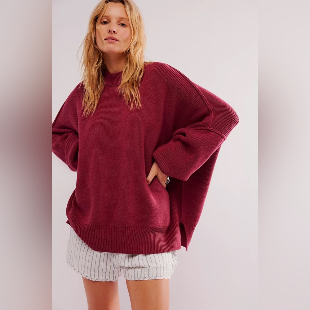 Free People Oversized Crewneck Sweater in Berry